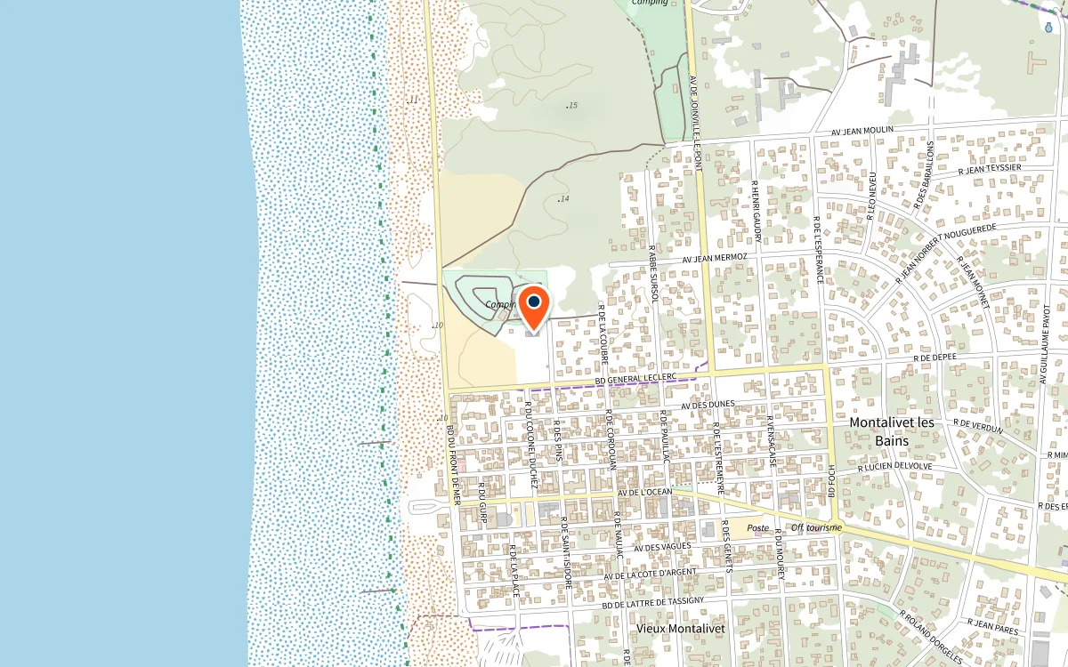 Plan du quartier de la plage à Vendays-Montalivet : le repère orange marque notre local (Maison de la Glisse, Esplanade Nord, Rue de Soulac, 33930 Vendays-Montalivet), au nord du boulevard du Général-Leclerc, près du boulevard du Front-de-Mer et de la plage.